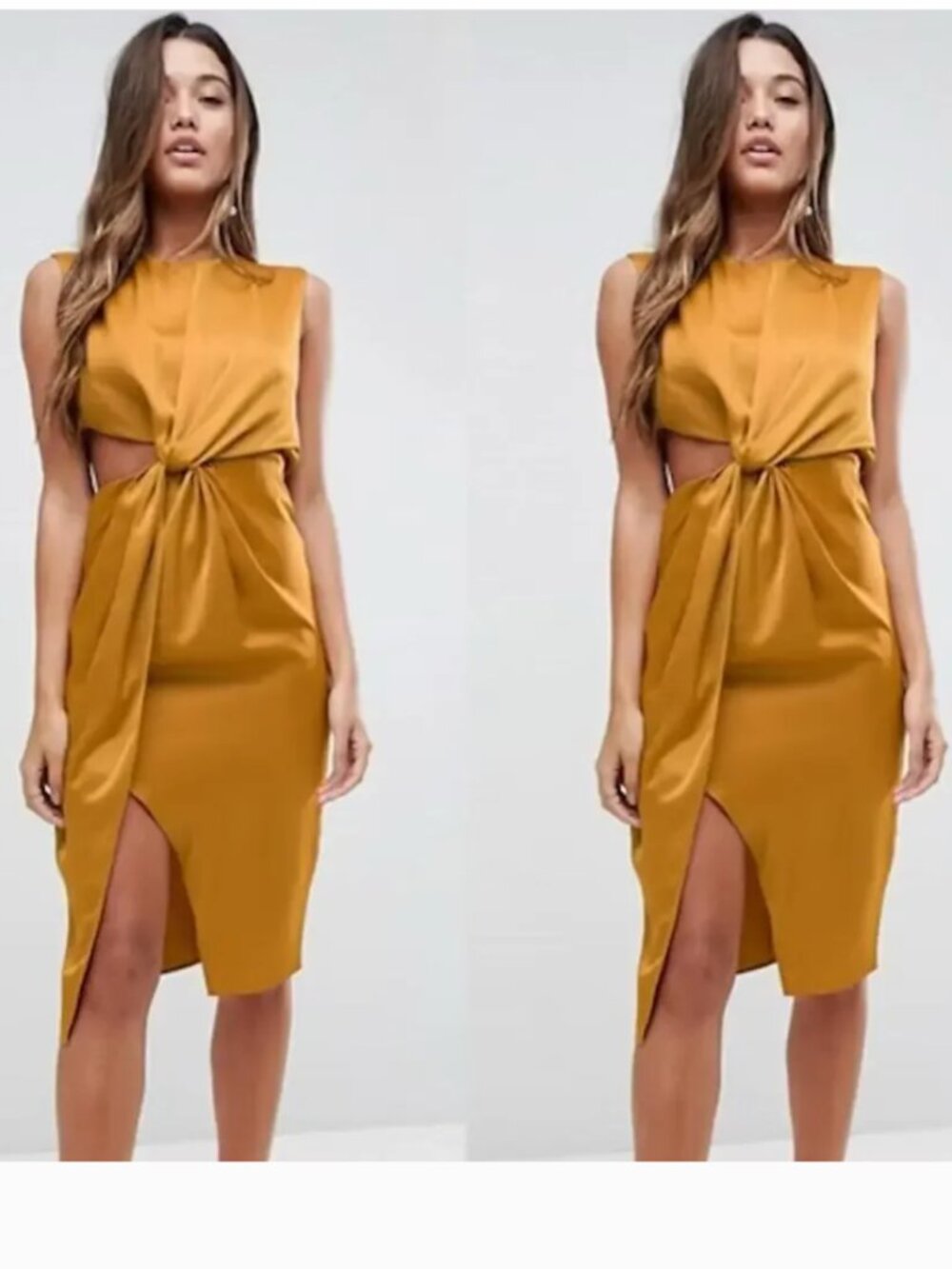 ASOS Golden Yellow Mustard Twist Front Satin Cutout Dress - size 8